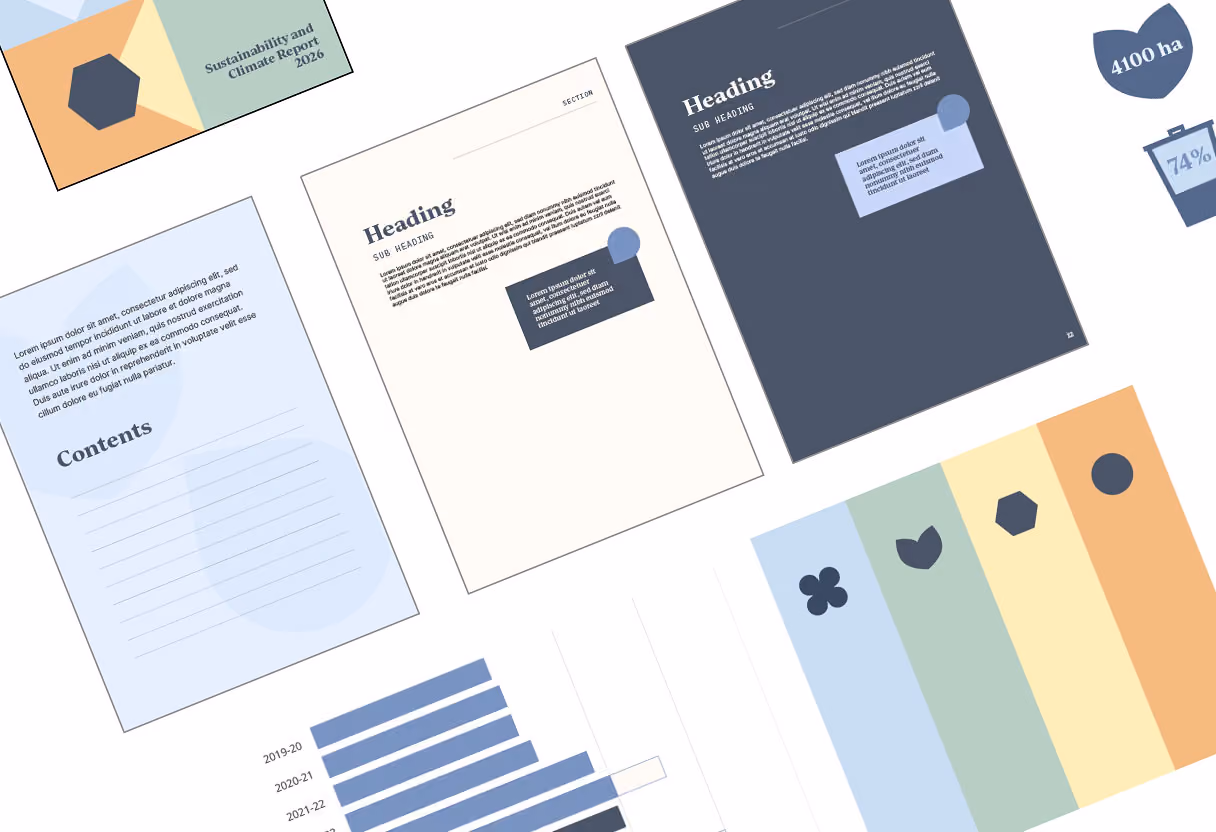 Overhead view of various infographic templates including a contents page, heading pages with text boxes, a horizontal bar chart with years 2019-20, 2020-21, 2021-22, and colorful segmented sections with different icons