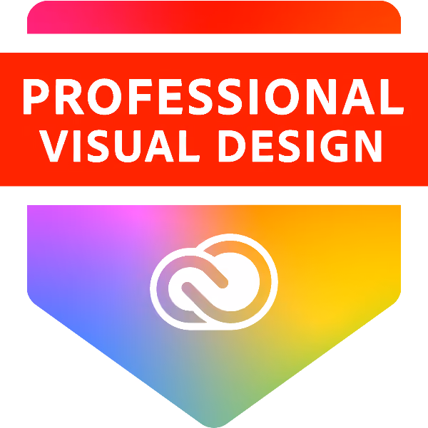 Badge with red rectangle containing the white text 'PROFESSIONAL VISUAL DESIGN' above a gradient pentagon featuring the white Adobe Creative Cloud logo.