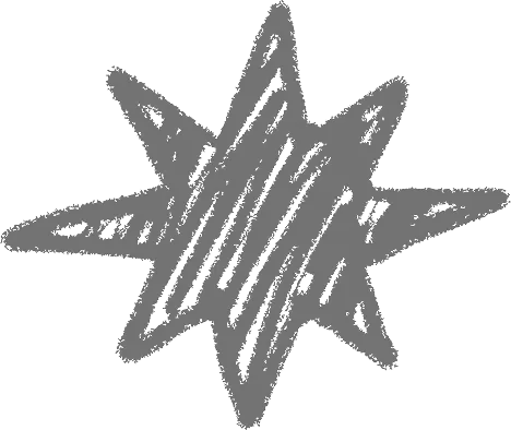 Hand-drawn gray starburst shape with irregular, overlapping lines.