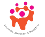 Graphic of three orange people figures with pink circles over heads forming a network.