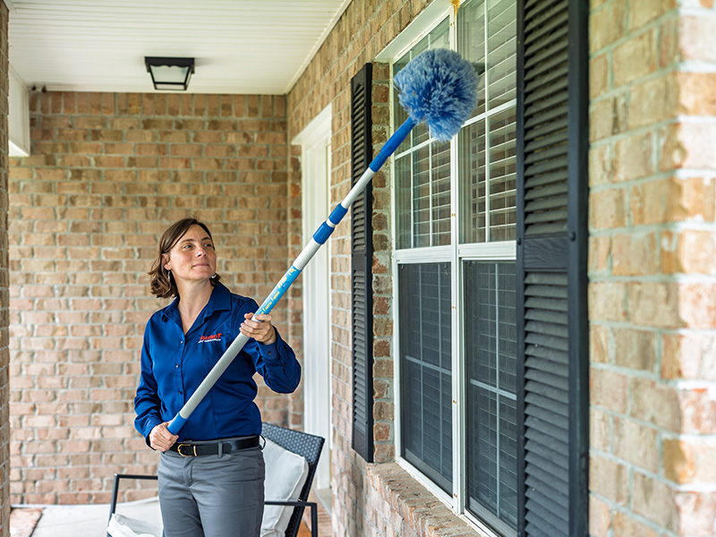 patriot pest control tech using webster to remove spider webs