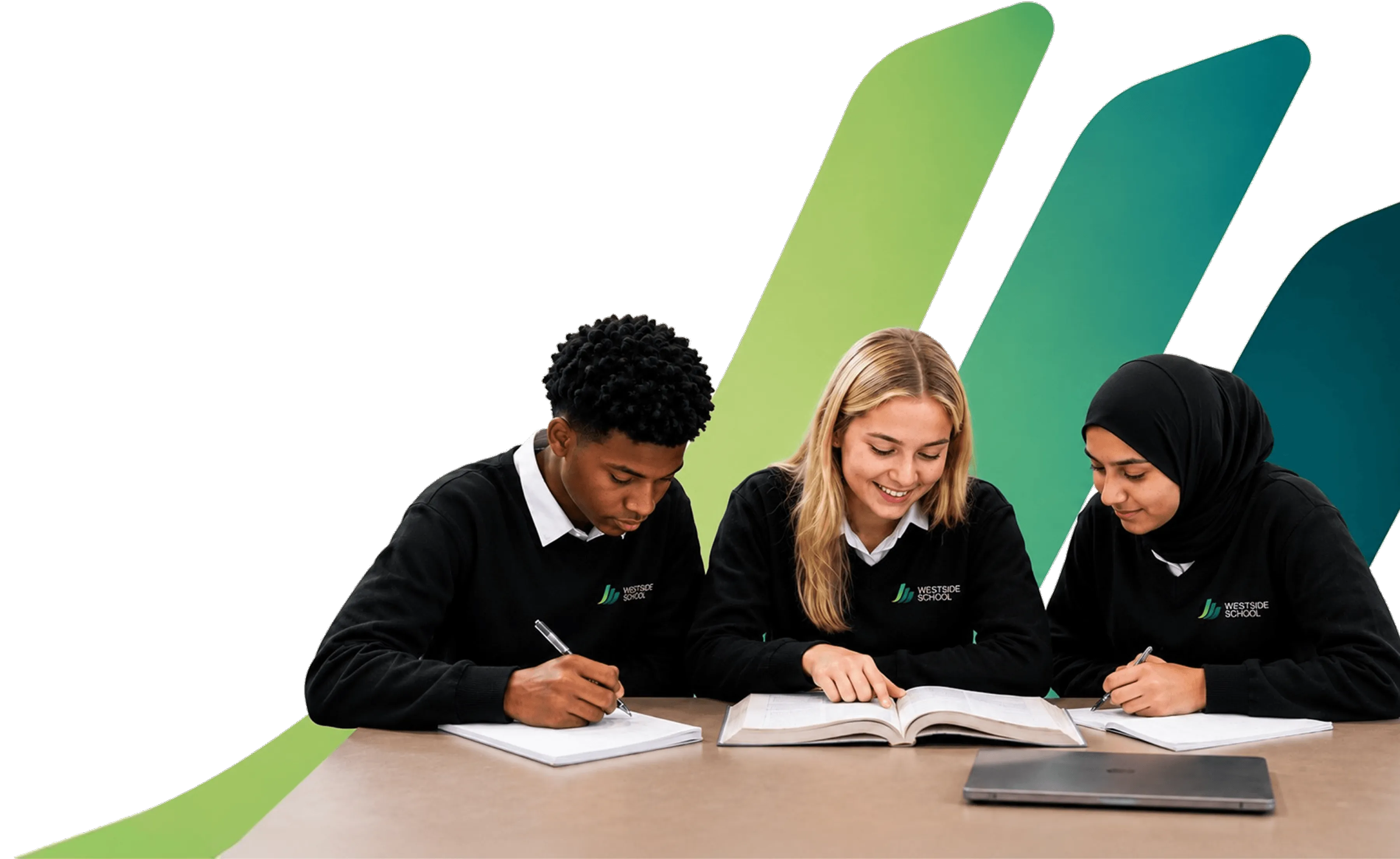 Three students in Westside School uniforms studying together at a table with books and a laptop.
