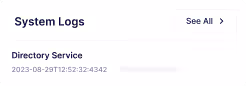 System Logs interface showing Directory Service log entry with timestamp 2023-08-29T12:52:32:4342.