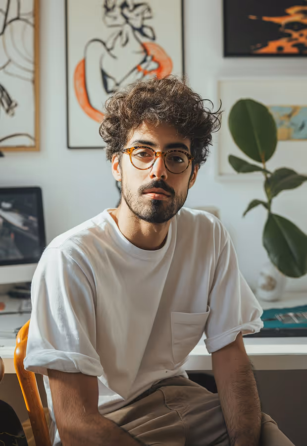 Young man with curly hair and glasses sitting in a white t-shirt in a room with artwork and a plant.