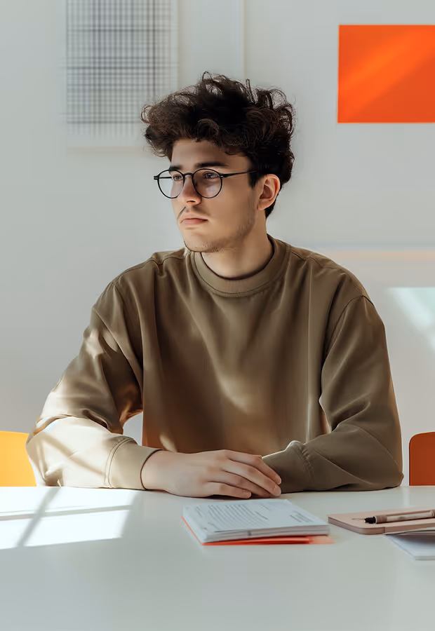 Young man with glasses in brown sweatshirt sitting at a white table with books and pen.