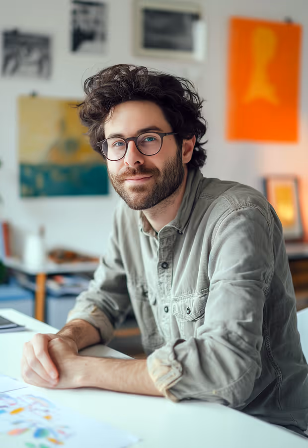 Man with glasses and curly hair sitting at a desk with papers, smiling softly indoors.