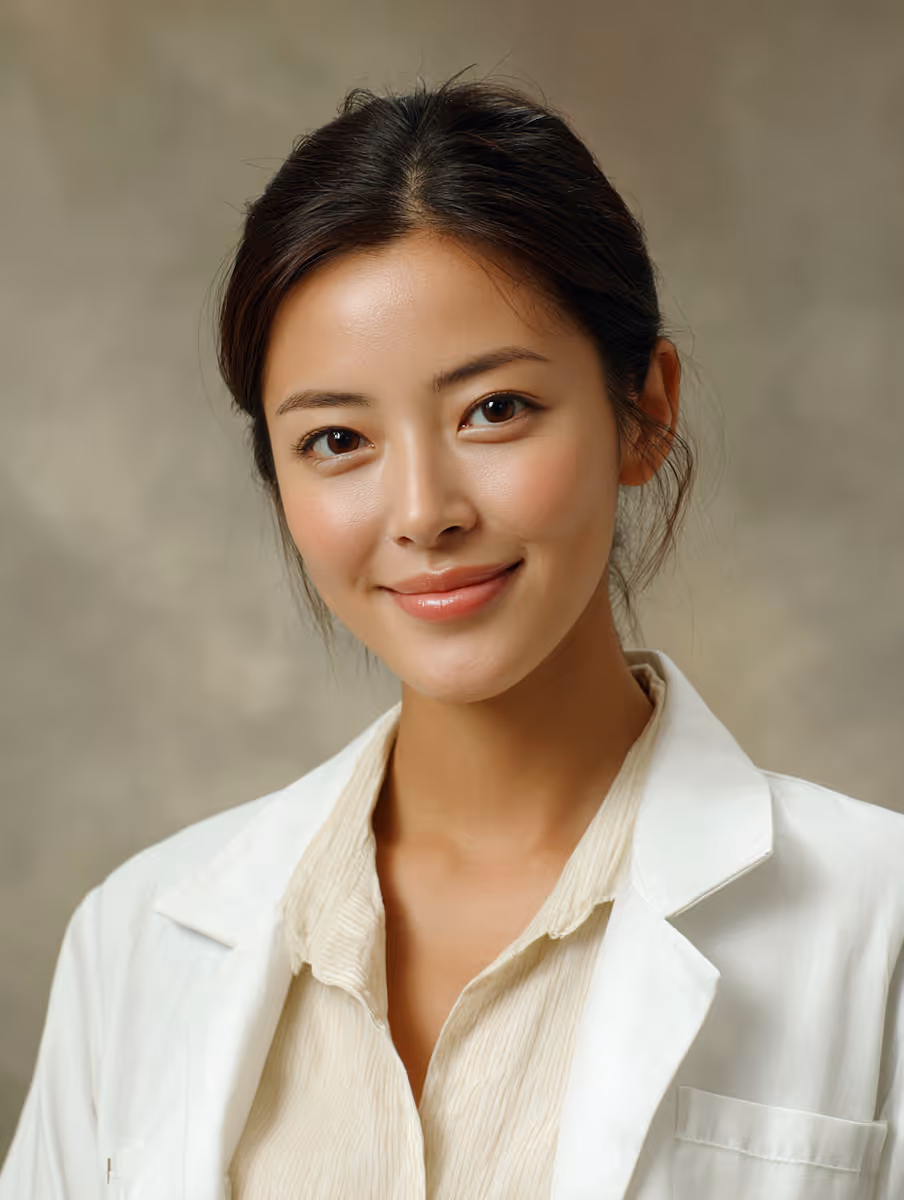 Smiling young Asian woman with dark hair wearing a white lab coat and beige shirt.