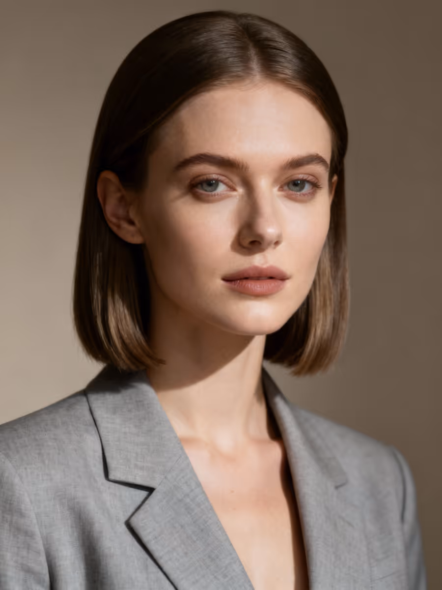 Portrait of a woman with straight brown hair wearing a light gray blazer and neutral makeup.