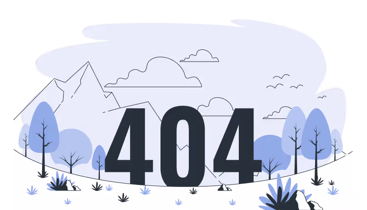 Large '404' text in a minimalist landscape with trees, mountains, and clouds in blue and black tones.