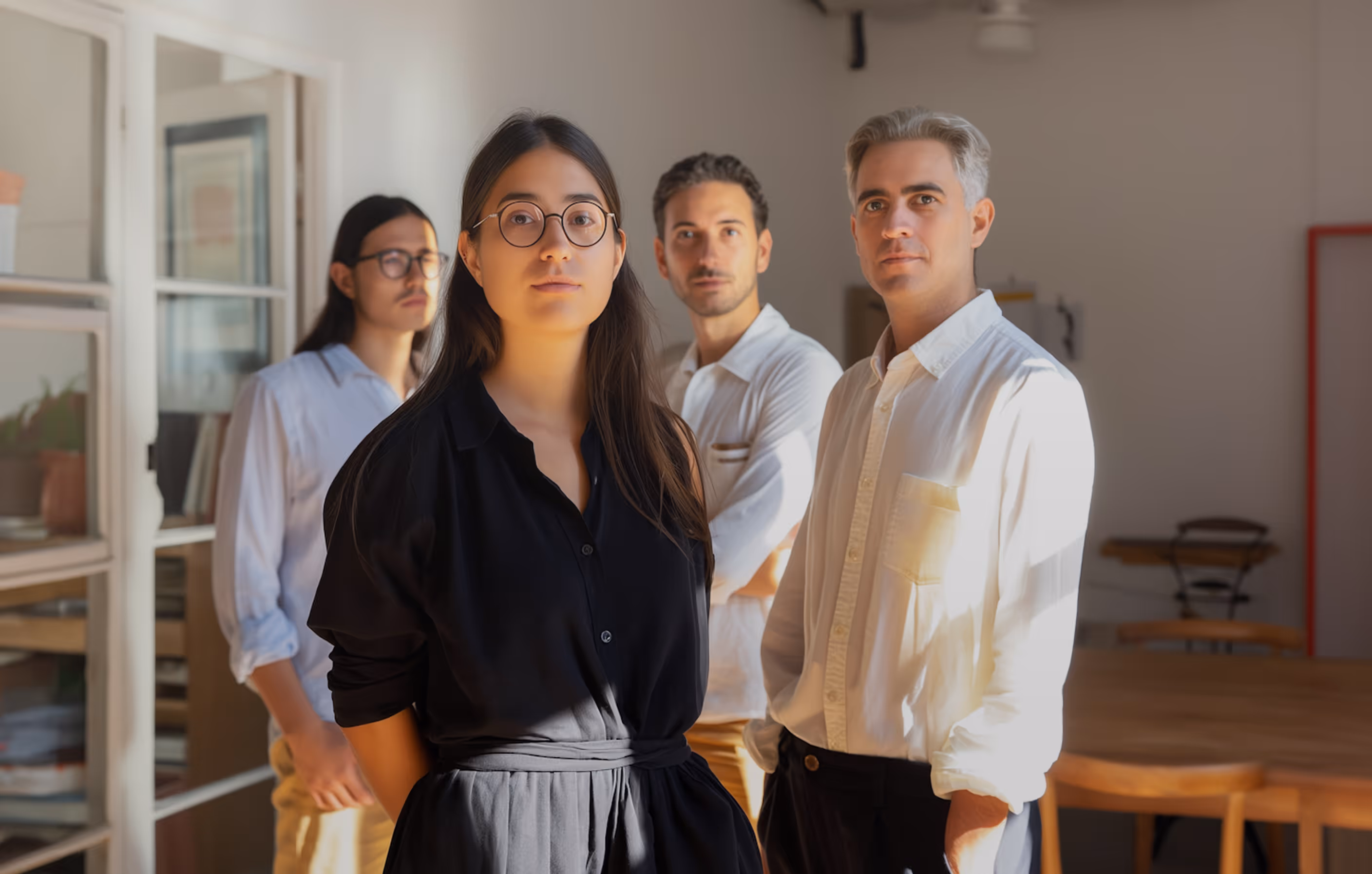 Four diverse professionals standing in a modern office, facing forward with serious expressions.