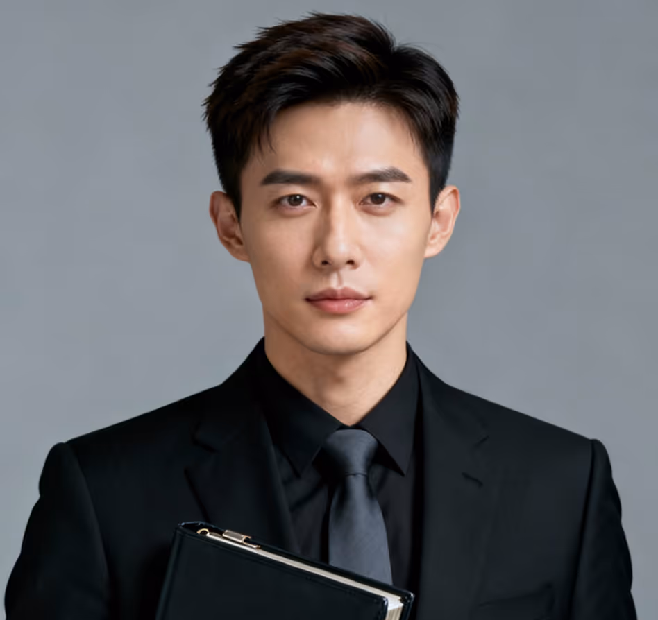 Serious young Asian man in black suit and tie holding a notebook against a gray background.