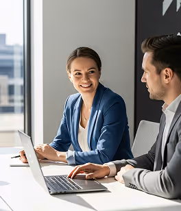 Smiling businesswoman and businessman sitting at a table with a laptop in a bright office.