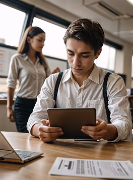 Young man using a tablet at a desk with a laptop and papers, while a woman stands in the background.