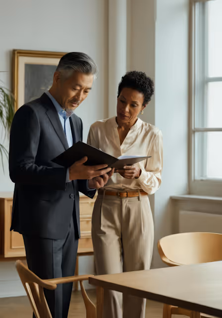 Two professionals reviewing documents together in an office with natural light from a window.