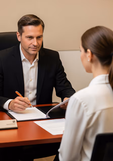Man in suit reviewing papers and talking to woman in white blouse at office desk.