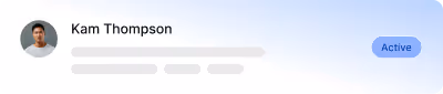 User profile card showing Kam Thompson's name, blurred details, and active status badge.