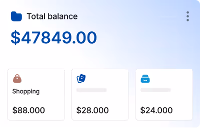 Digital wallet showing total balance $47,849 with categories: shopping $88, cards $28, and savings $24.