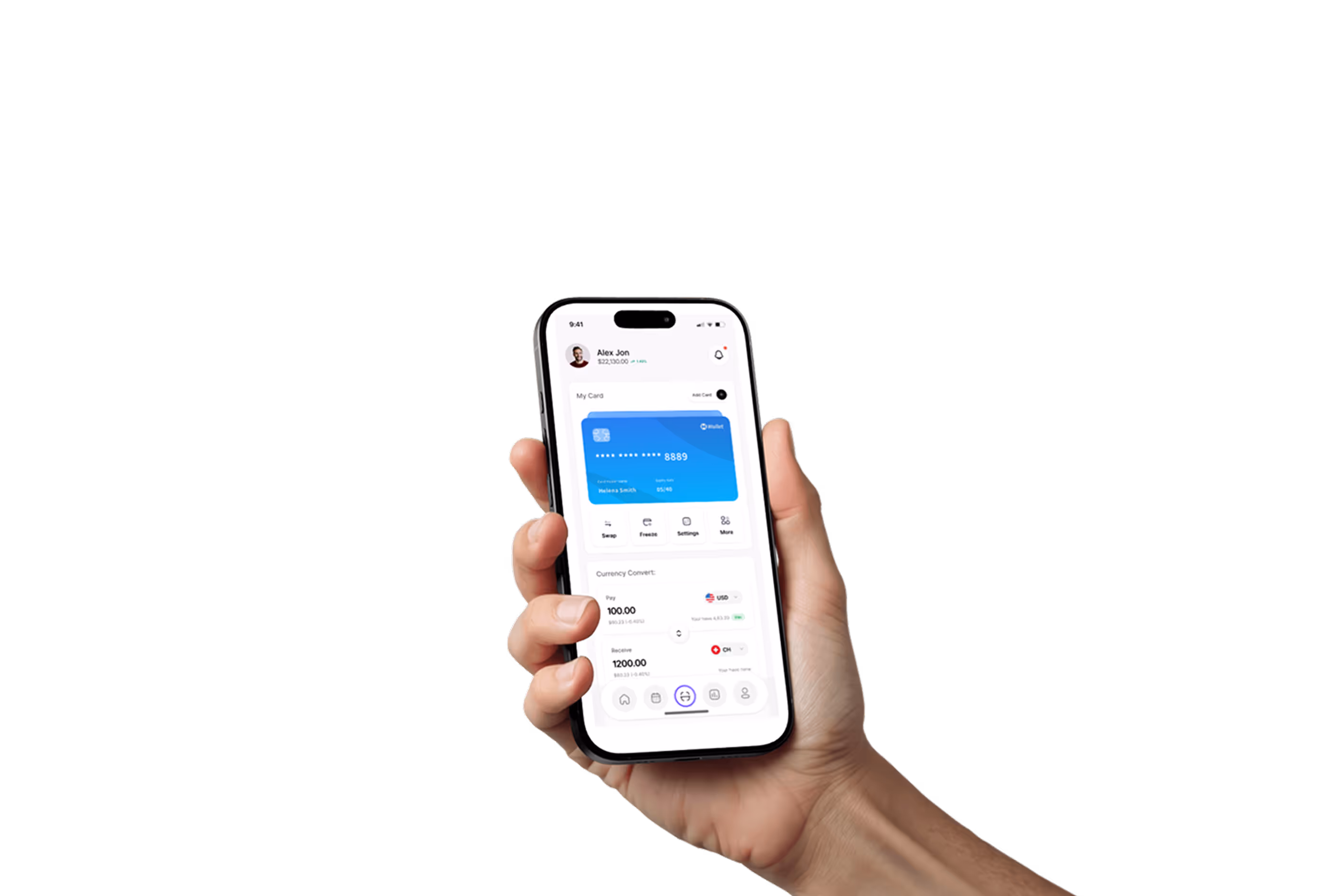 Hand holding a smartphone showing a finance app with a blue credit card and currency conversion.