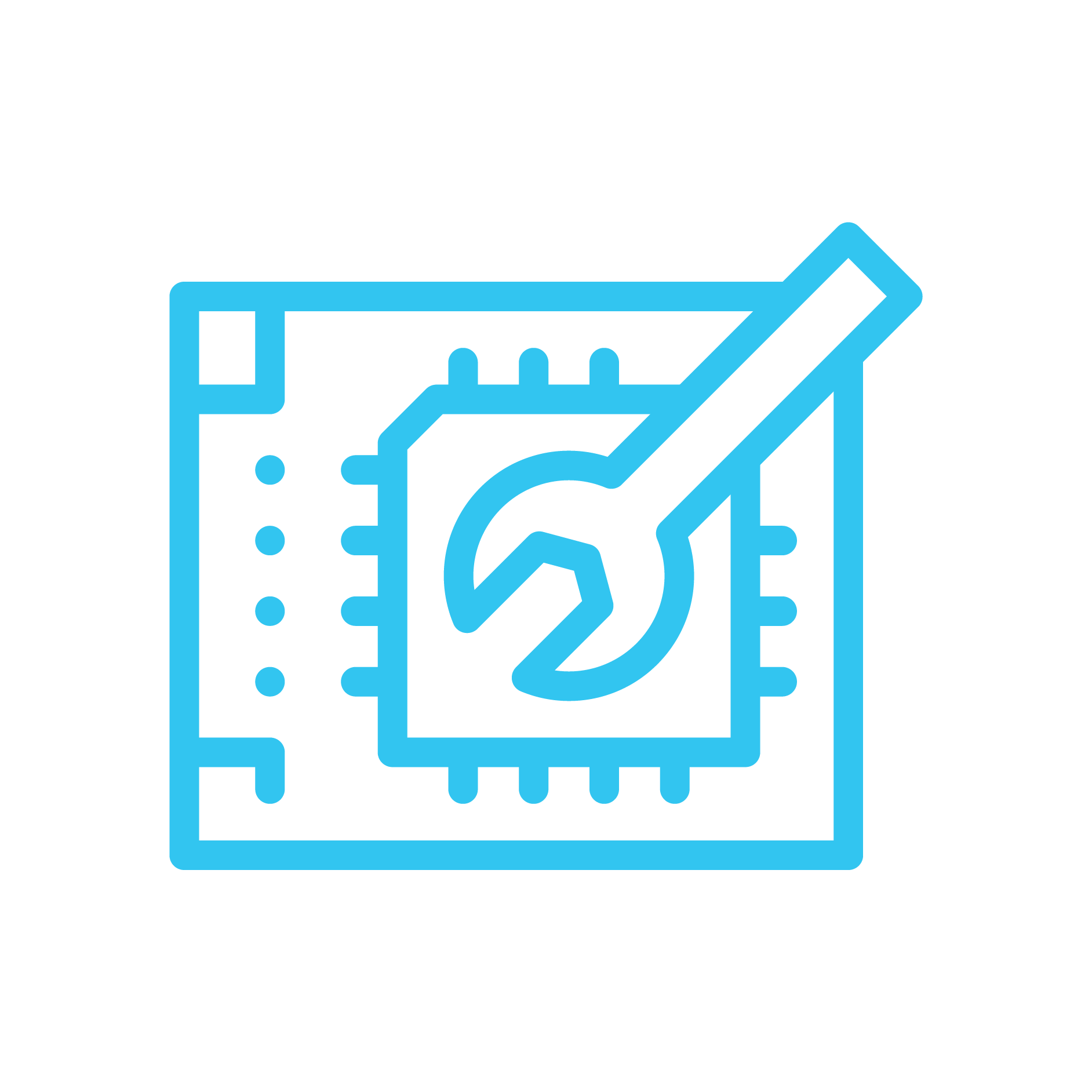Blue wrench icon over a circuit board symbolizing hardware repair or hands-on technical training.