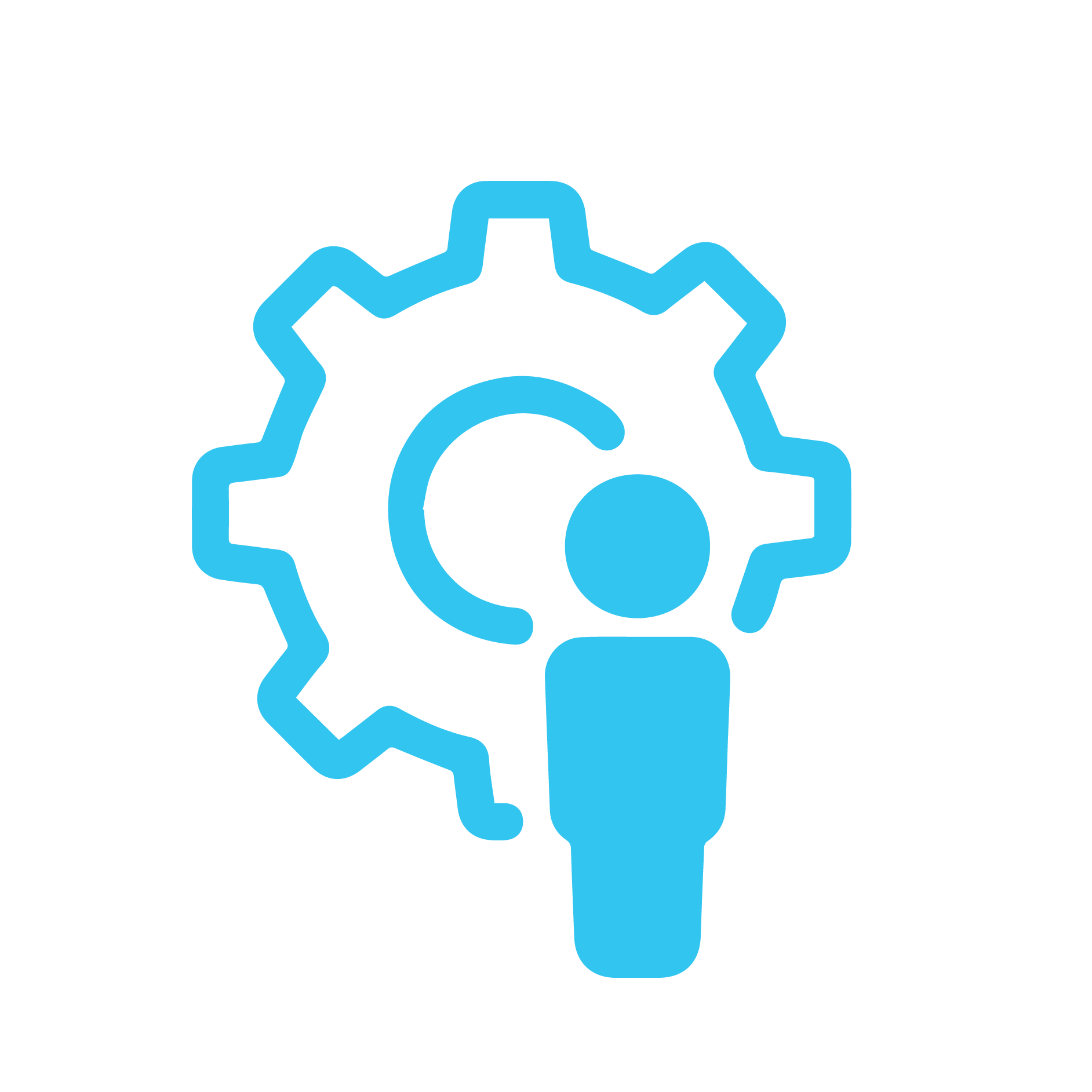 Blue icon of a person in front of a gear representing expertise or skills.