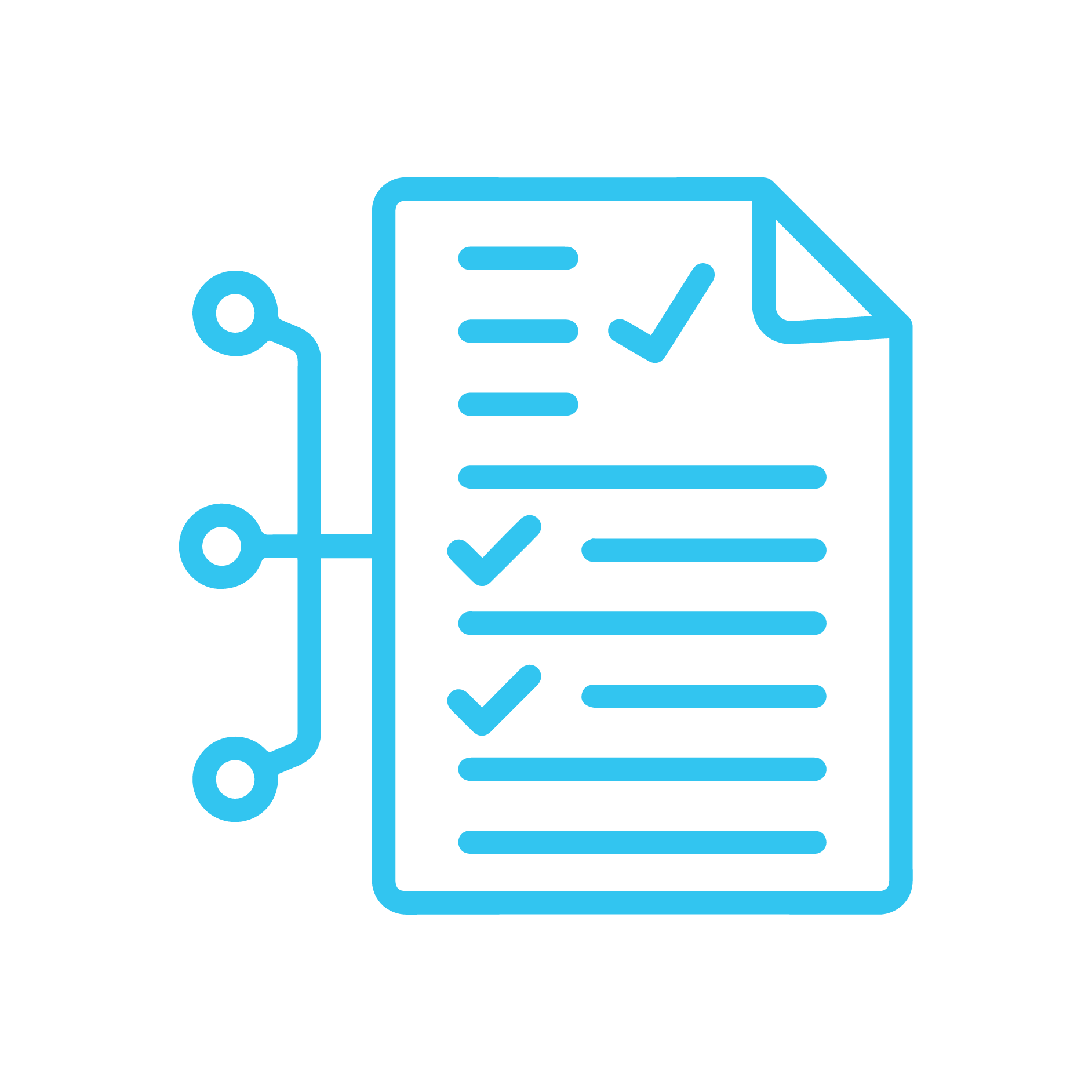 Blue icon of a document with checkmarks and connection nodes symbolizing technical documentation.