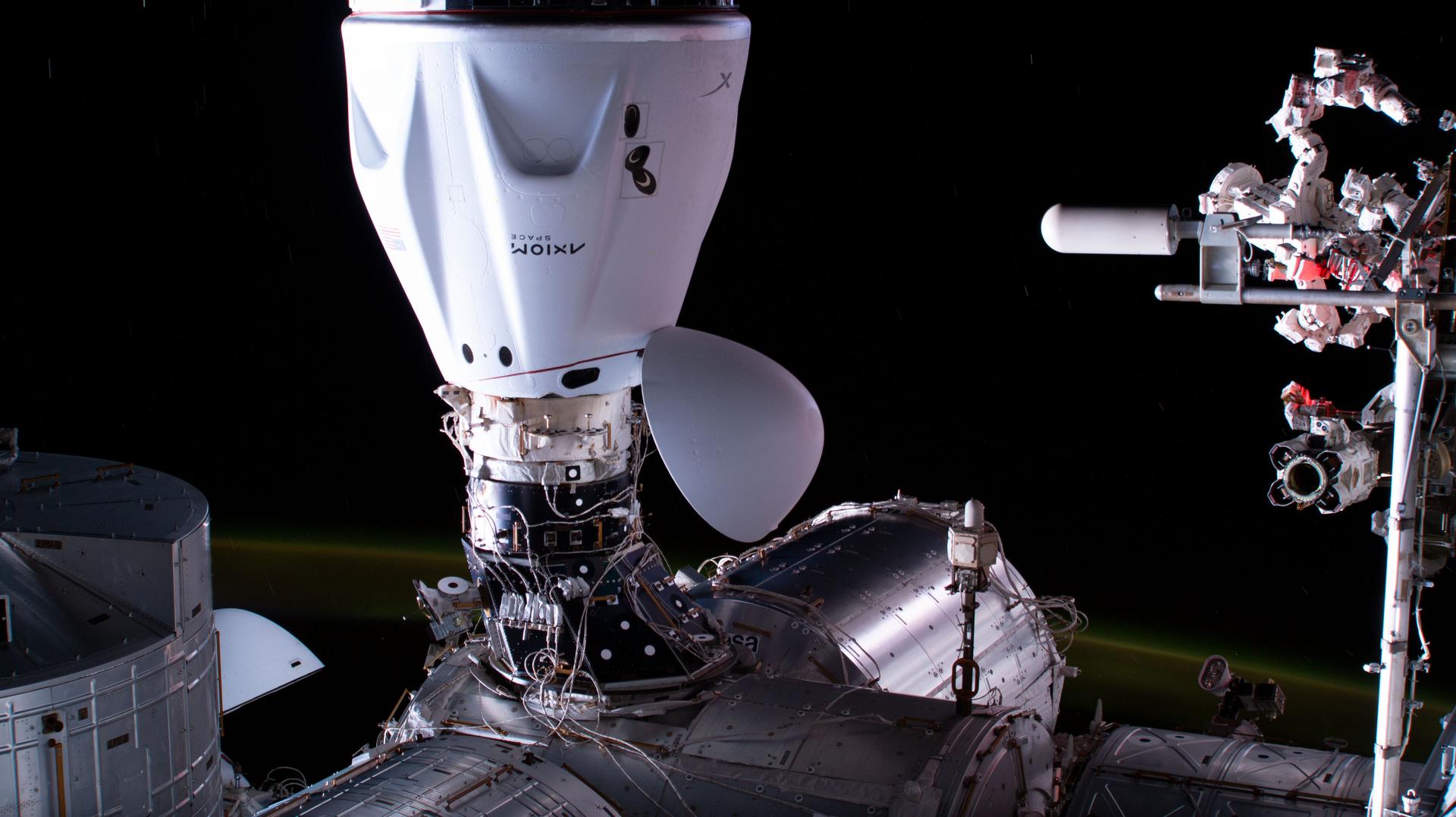 Axiom Space Dragon capsule docked at the International Space Station