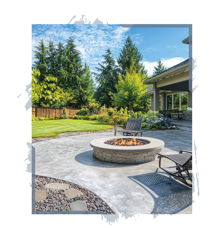 Modern backyard patio with stone fire pit, lounge chairs, landscaped garden, and tall evergreen trees.