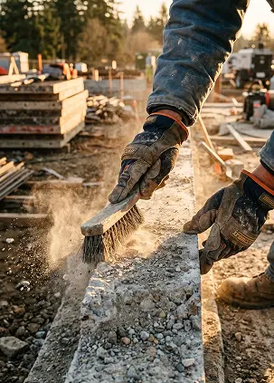 Worker's gloved hands brushing dust off a concrete beam at a construction site.