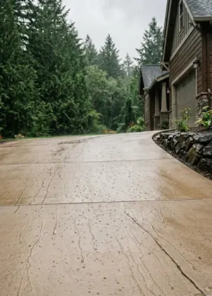 Wet concrete driveway sloping upward next to a house with trees in the background.