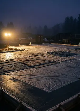 Concrete foundation covered with plastic sheeting lit by work lights at night at a construction site.