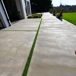 Concrete walkway and driveway separated by narrow strips of grass next to a modern building.