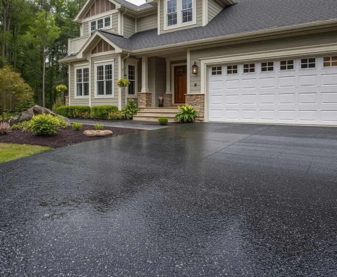Wet asphalt driveway leading to a two-story house with a white garage door and beige siding.