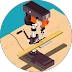 Cartoon character with orange pants and black hat holding a walking stick on wooden planks.