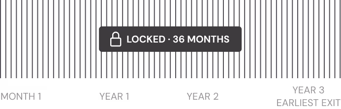 Bar chart with three bars labeled YEAR 1, YEAR 2, and YEAR 3; YEAR 3 bar is highlighted with a lock icon and text 'LOCKED · 36 MONTHS'.