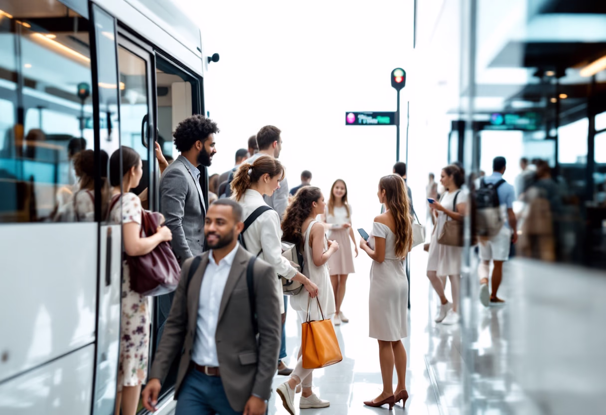 image of passengers boarding a bus at a city bus station