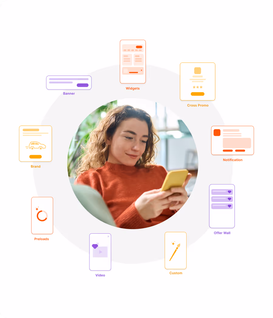 Woman in red sweater using a yellow phone surrounded by app feature icons arranged in a circle.