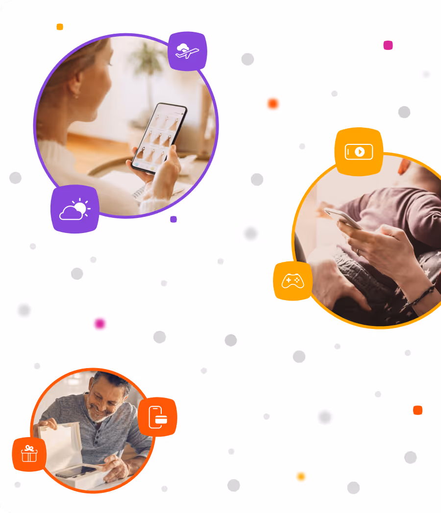 Woman browsing a shopping app, person holding a phone with a child, and man happily opening a box with a phone inside.