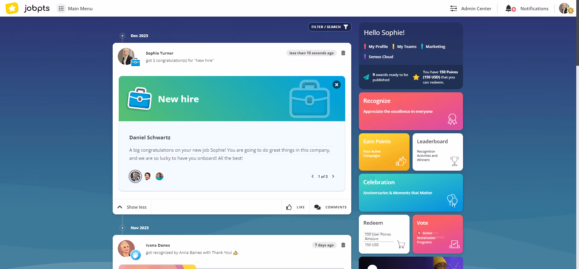 new hire recognitions social wall
