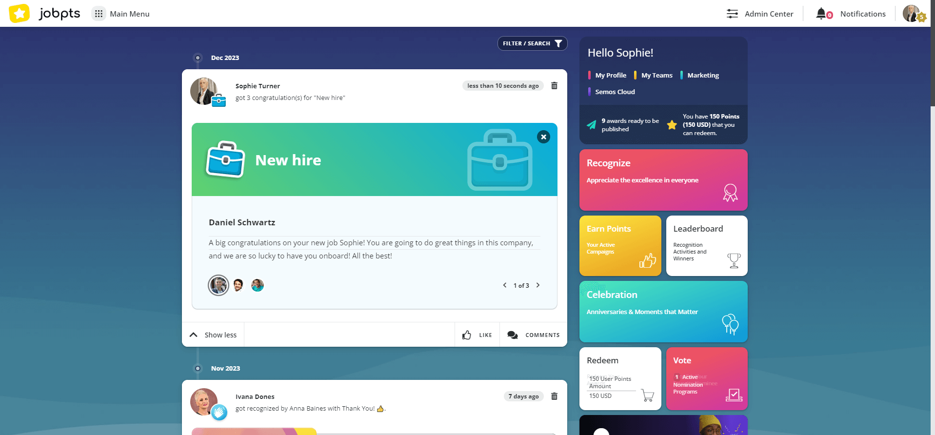 new hire recognitions social wall