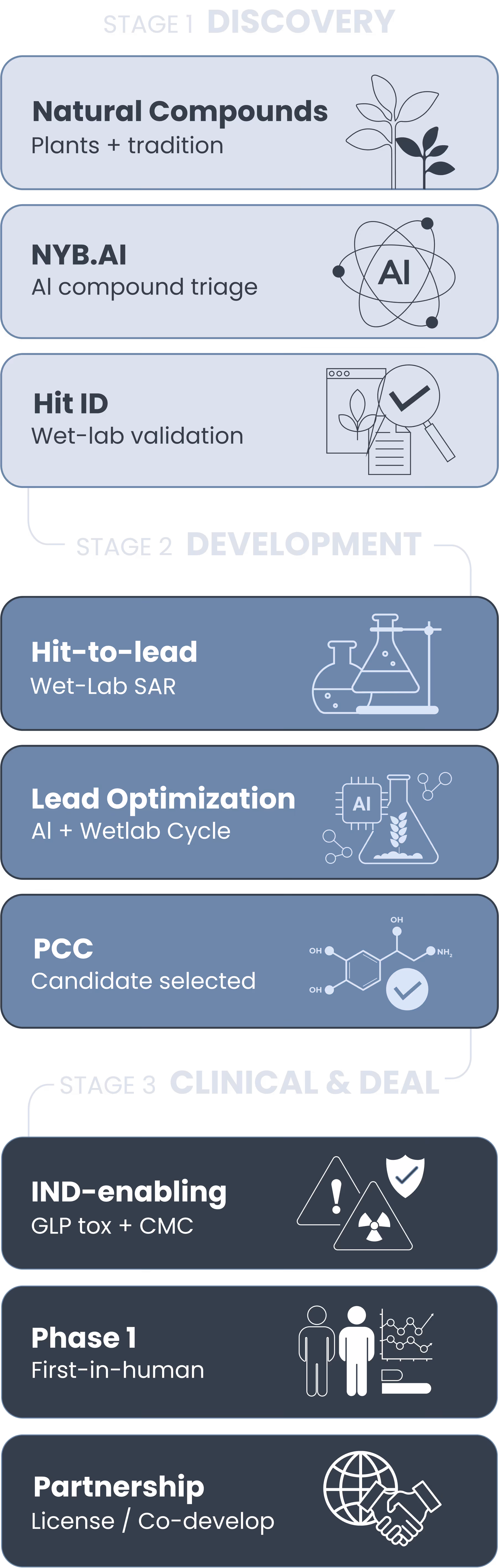 From Source to Partnership Infographic showing three stages: Discovery, Development, and Clinical & Deal.