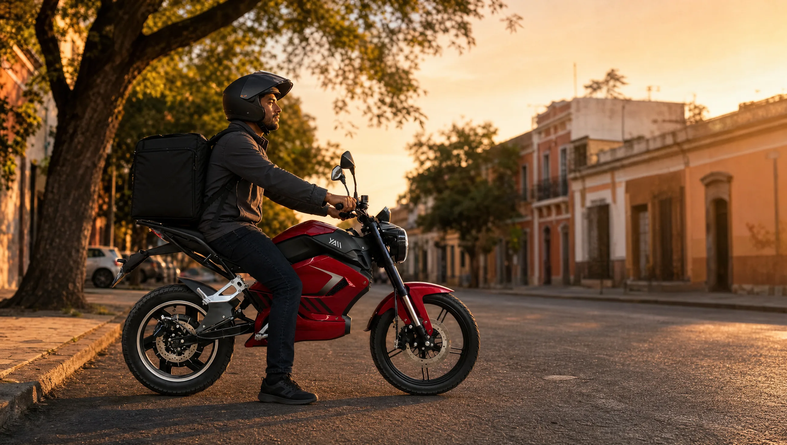 Repartidor en huracán Red Fury en una calle de Guadalajara al atardecer