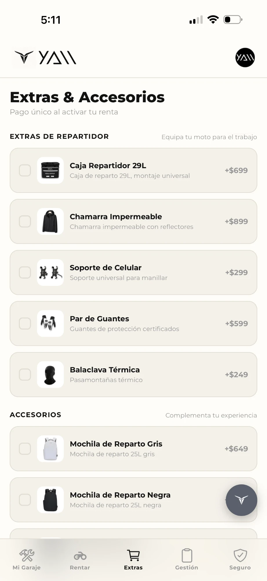 Extras y accesorios en la app YAII