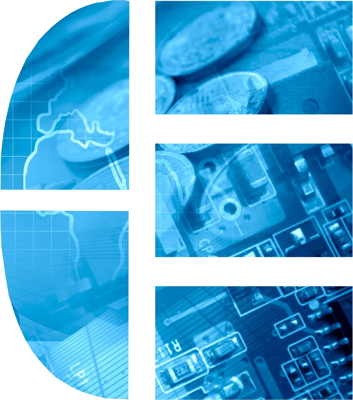 Blue digital collage with coins, circuitry, and a map outline symbolizing finance and technology.