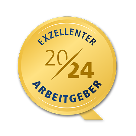 Goldmedaille mit Text Exzellenter Arbeitgeber 2024 auf schwarzem Hintergrund