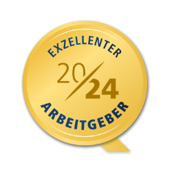 Goldmedaille mit dem Text 'Exzellenter Arbeitgeber 2024' auf schwarzem Hintergrund.