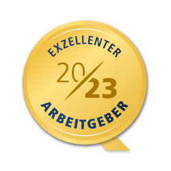 Goldene Medaille mit Text 'Exzellenter Arbeitgeber 2023'.