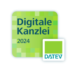 Grünes Quadrat mit Schrift 'Digitale Kanzlei 2024' und DATEV-Logo unten rechts.