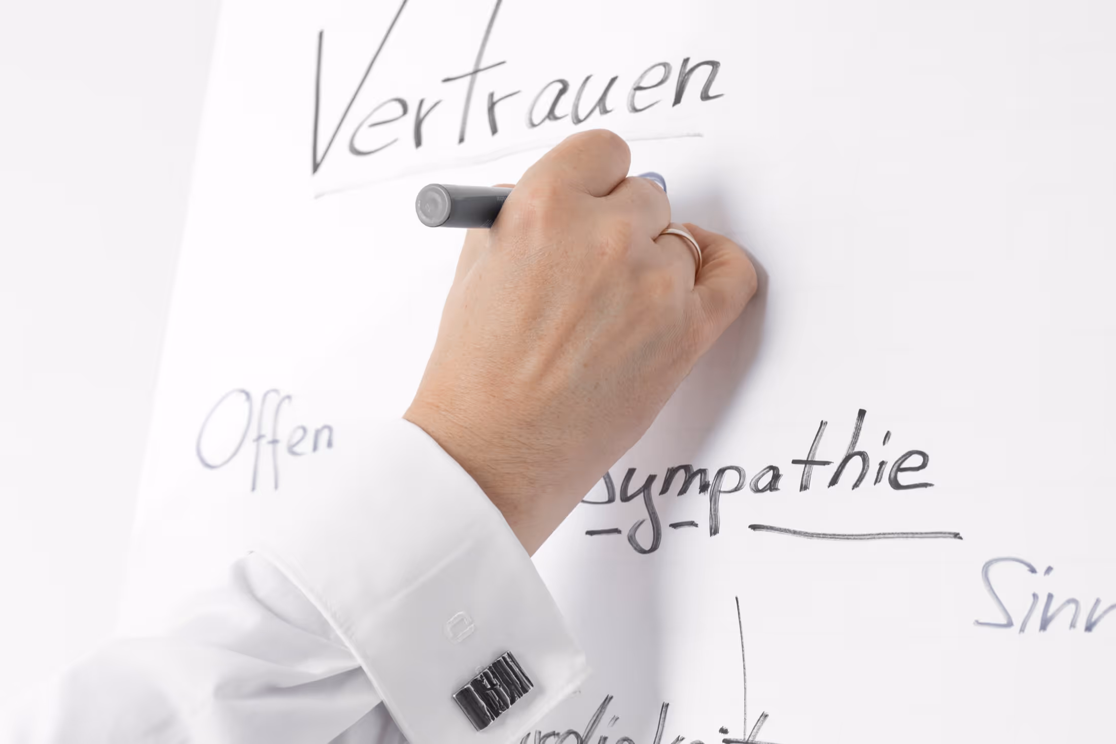 Hand writes the word Vertrauen on a whiteboard with other German words like Sympathie and Offen.