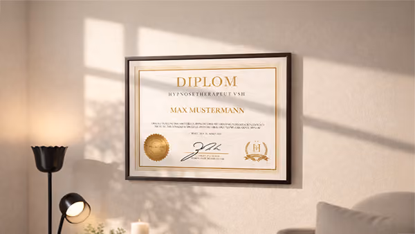 Gerahmtes Diplom für Hypnosetherapeut Max Mustermann an einer lichtdurchfluteten Wand.