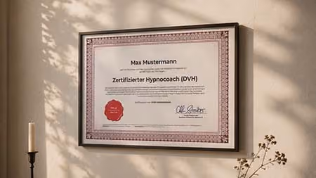 Ein Zertifikat für Max Mustermann als zertifizierter Hypnocoach (DVH) an einer Wand in einem Raum.
